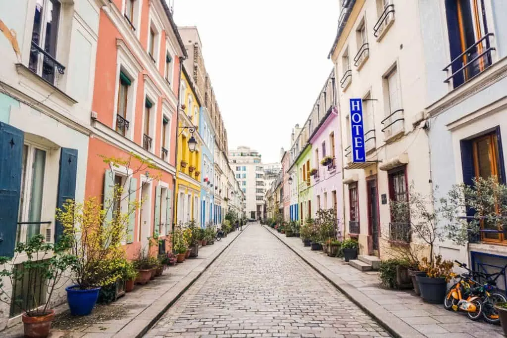 Rue Cremieux, near Bastille, Paris, France: a pretty, pastel and candy coloured house facades in the heart of the French capital