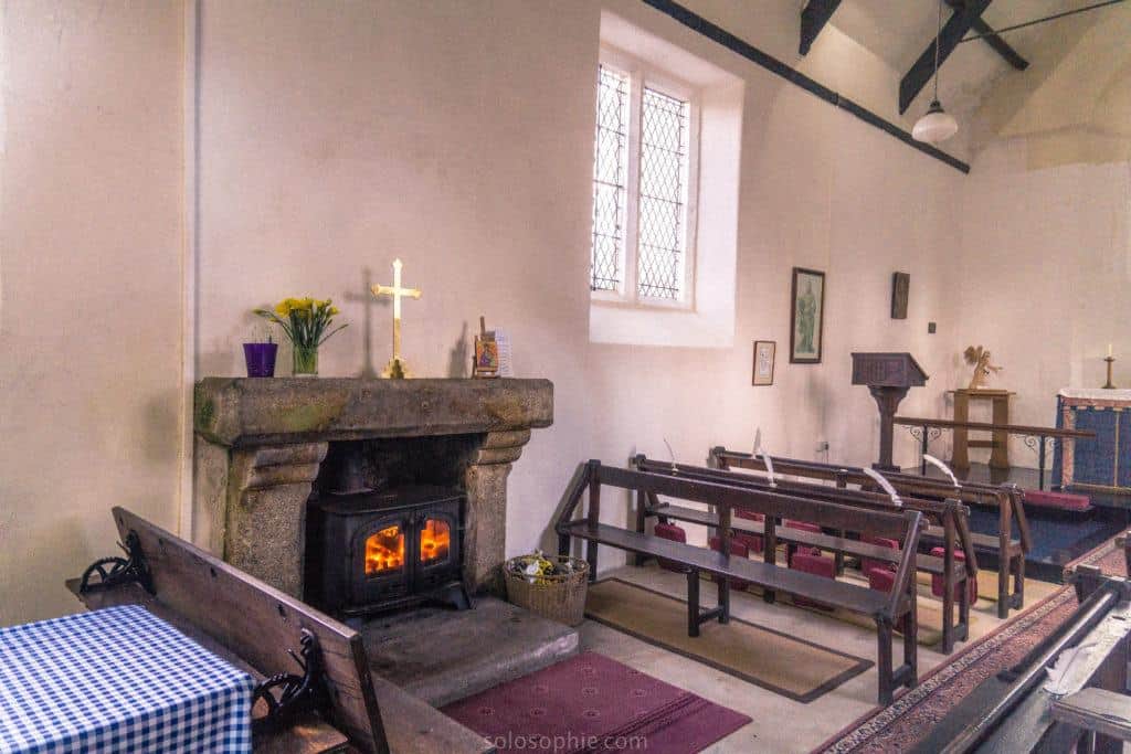 Snowdrops on Dartmoor, Devon, England: roaring fire, cream teas and interior of chapel