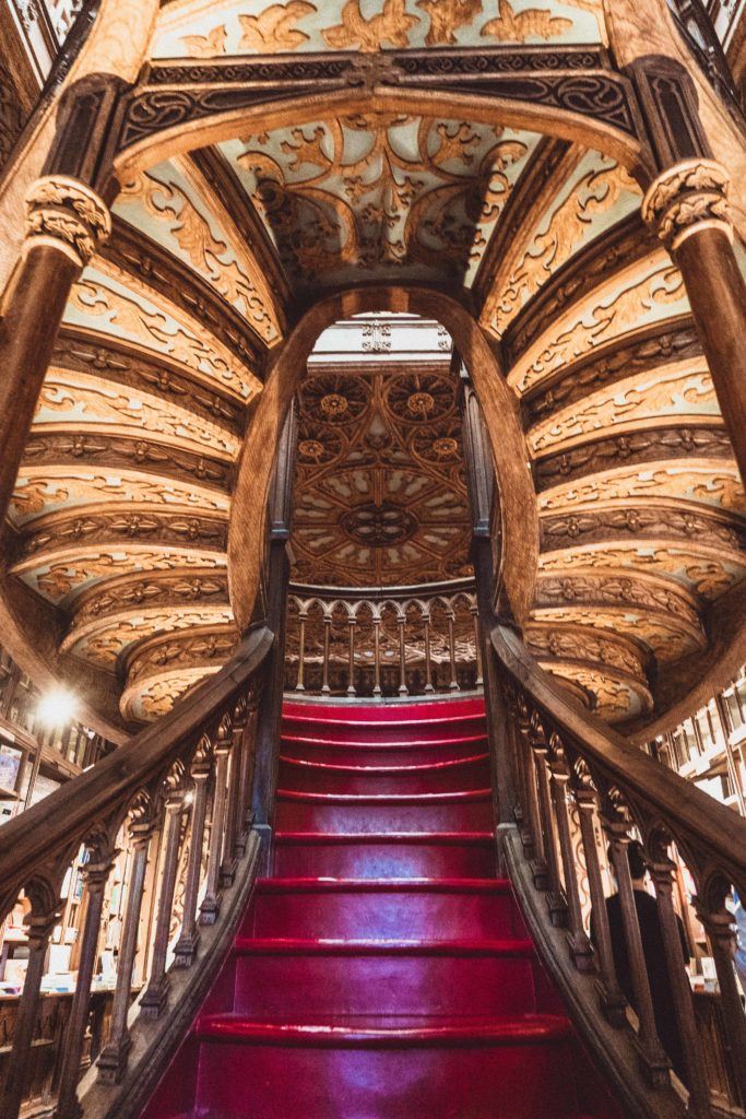 central staircase in Livraria Lello, Porto, Portugal