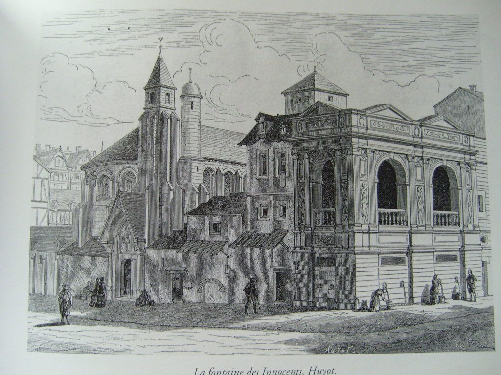 19th-century engraving of the Fountaine des Innocents, Bibliotheque des arts decoratifs, Paris. via Wikimedia