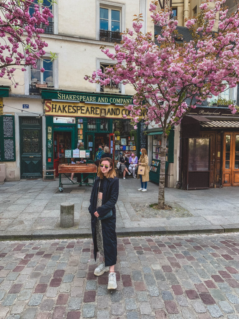 cherry blossoms at shakespeare bookshop in paris