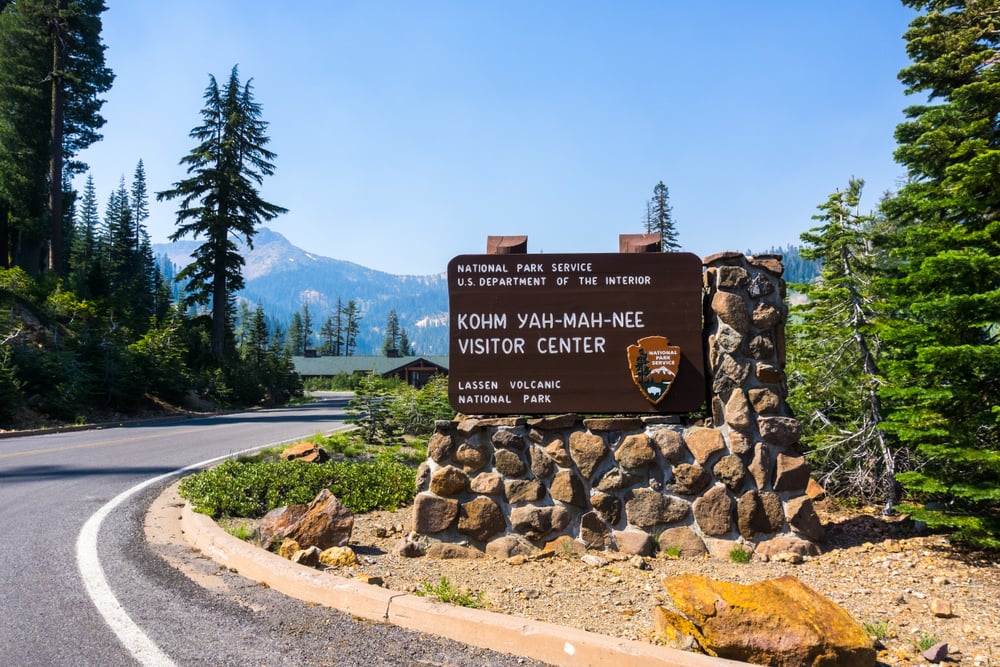 Posted sign for Kohm Yah-mah-nee Visitor Center in Lassen Volcanic National Park