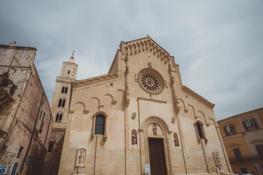 view of the facade of matera cathedral in italy