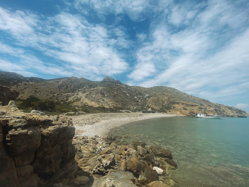 view of hidden beach on kos island greece