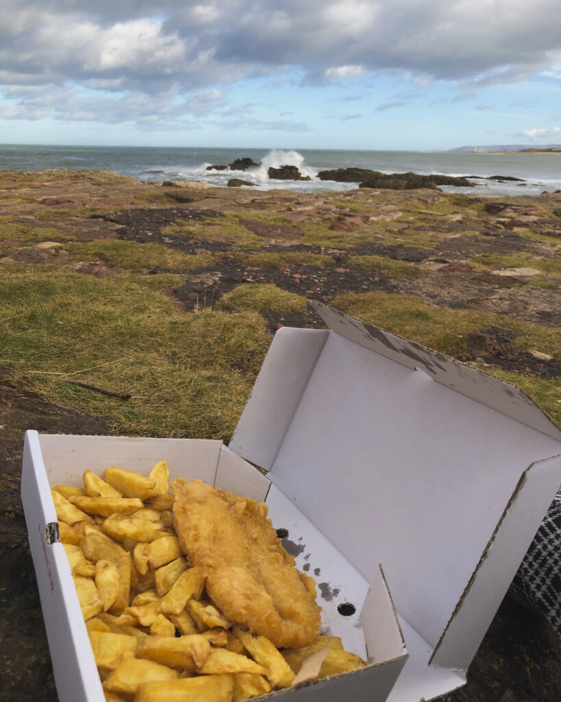 fish and chips outside by the sea in dunbar scotland