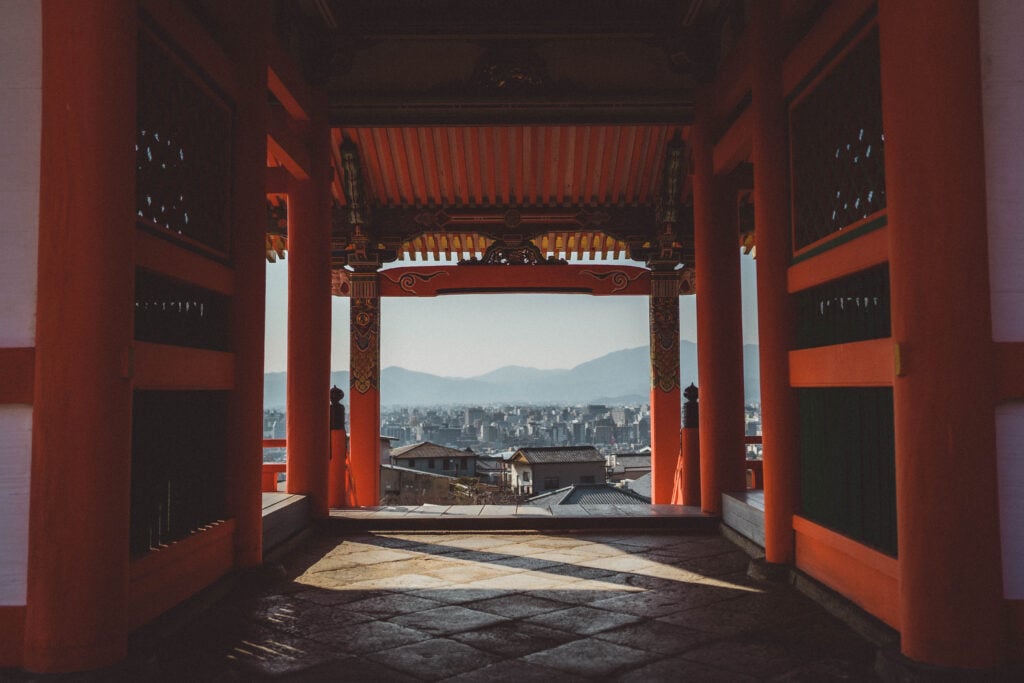 View through the large pagoda onto kyoto