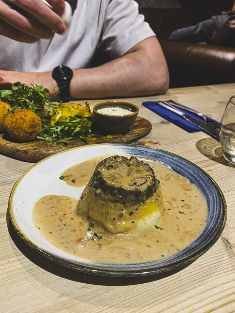 vegetarian haggis, neeps & tatties in Ben Nevis Inn, Scotland 