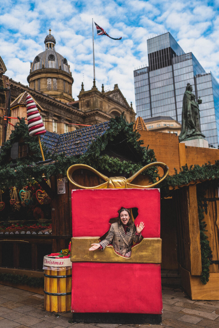 sophie nadeau in a christmas decoration at Birmingham christmas market