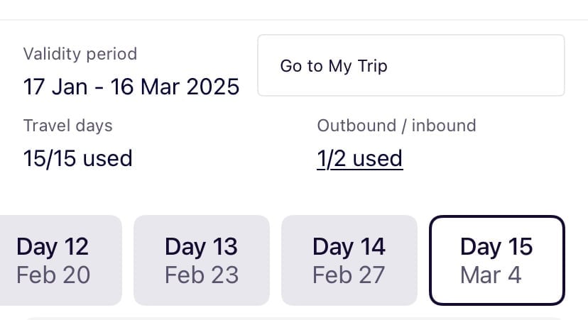 screenshot of Rail Planner app showing amount of travel days 