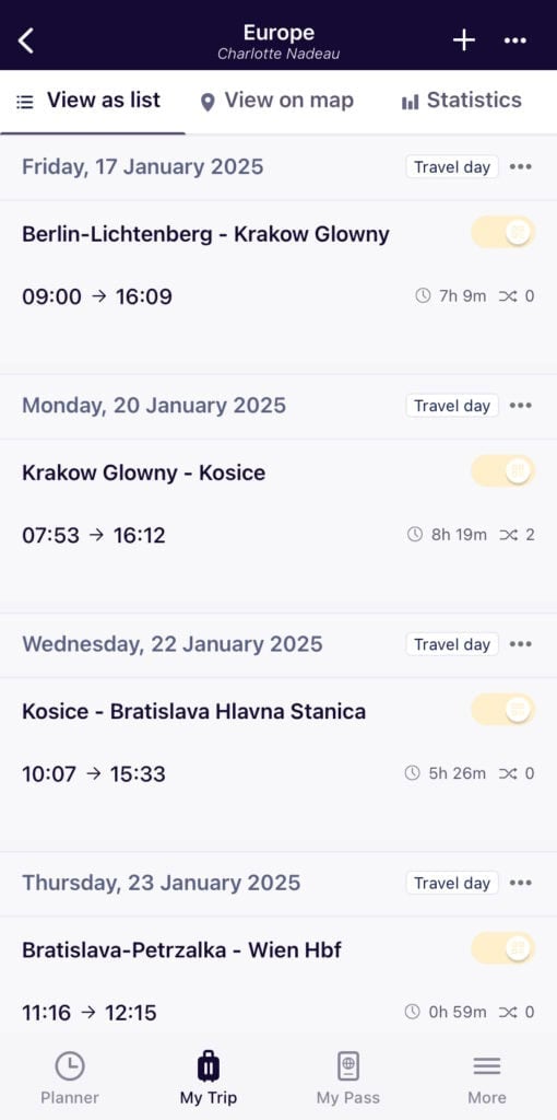 screenshot of Rail planner app