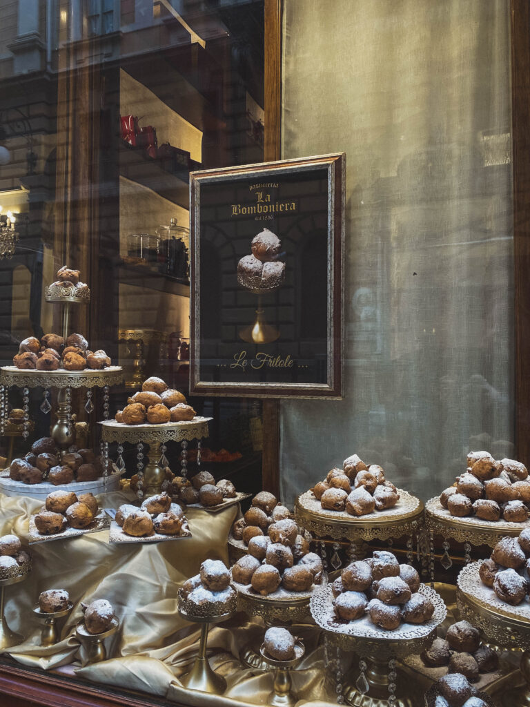 Window view of La Bomboniera pastry shop in Trieste