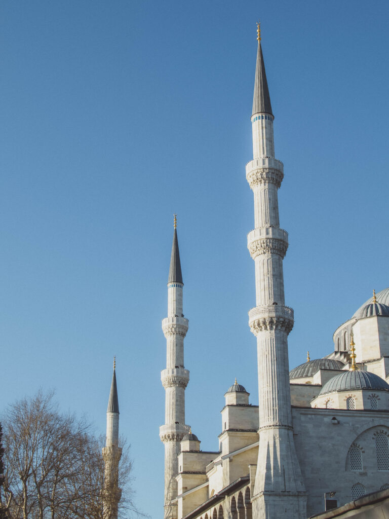 exterior close up view of minarets of Blue Mosque, Istanbul